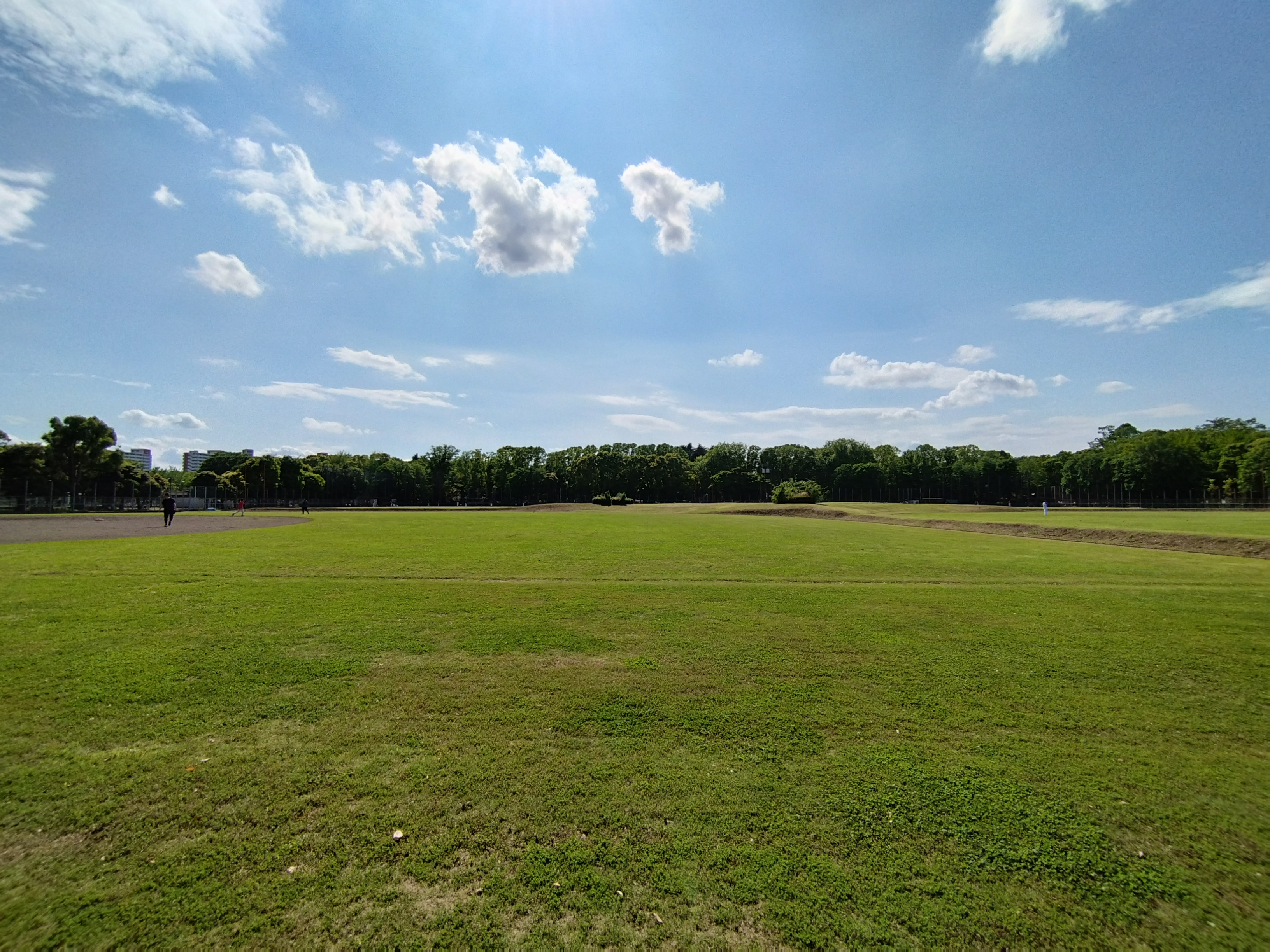 0.6倍の超広角カメラで撮影すると、左右の球場がよく見えるようになった。色味は1倍のメインカメラがきれいだ。