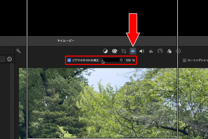 矢印が示す青いボタンが手ぶれ補正。ブレたり揺れたりしている動画を、アプリ上で安定させてしまうという機能だ。手ぶれ補正の度合いは0～100％まで自由に設定できる。