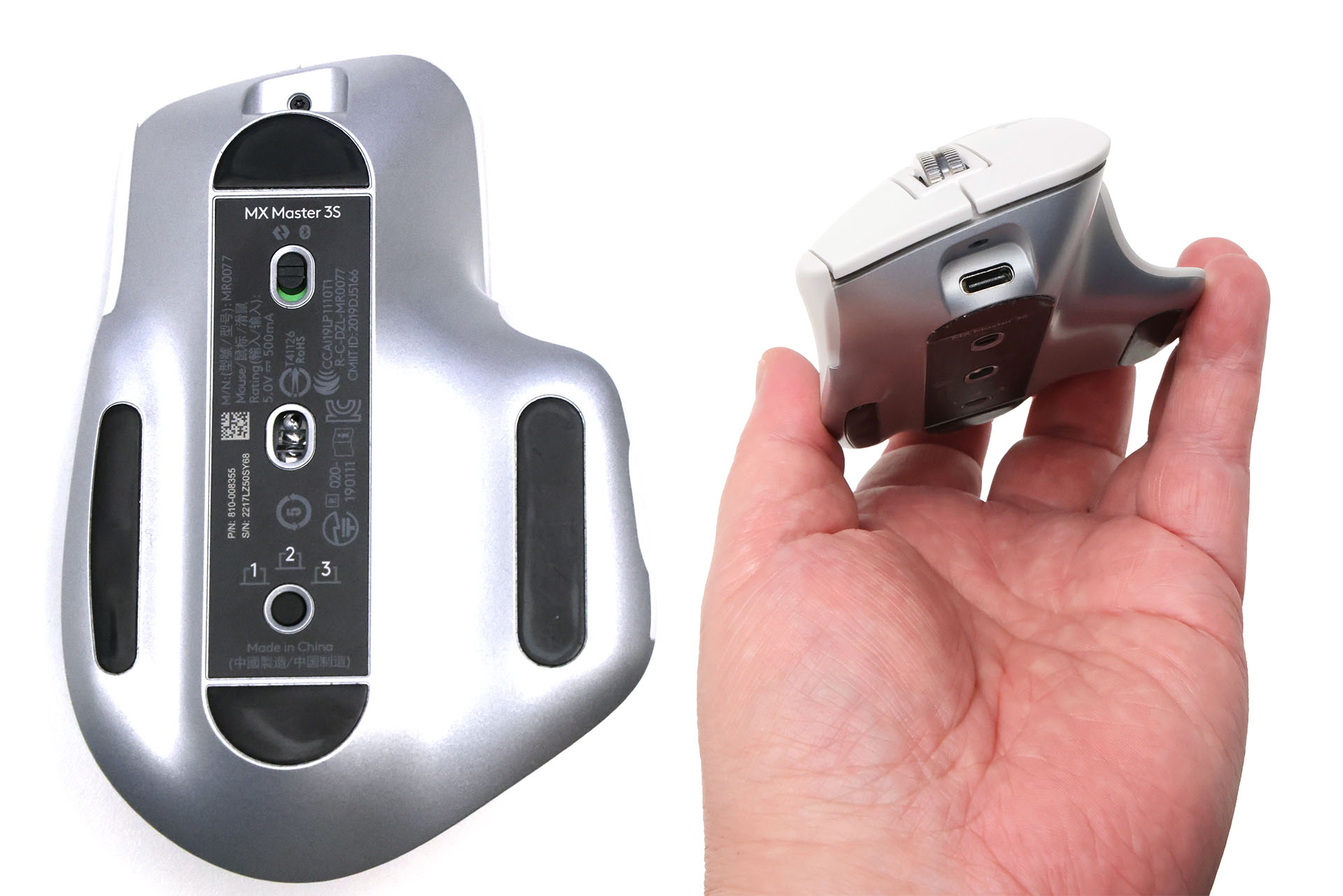 裏面には光学センサー（Darkfield/解像度200～8,000dpi）と電源ボタン、接続先切り替えボタンがある。マウス前方にはUSB-Cポートがありこれを使って充電する。満充電から70日間動作し、1分間の充電で3時間使えるとしている。