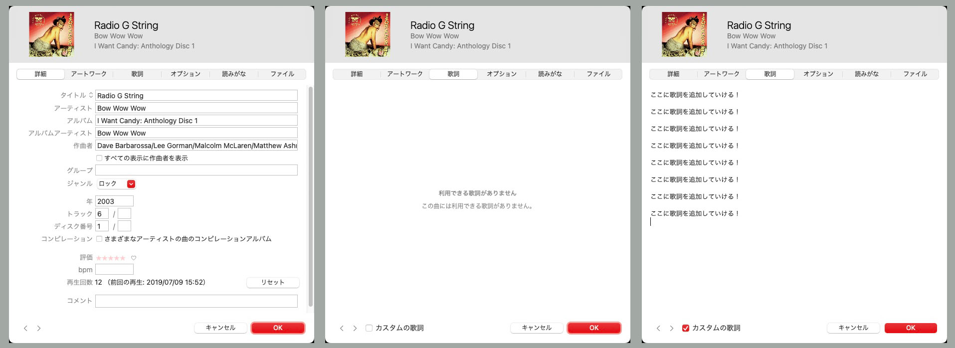 MacのMusicアプリで、曲を選んで右クリックしてコンテキストメニューで「情報を見る」とすると、曲の詳細情報が表示される。そのうちの「歌詞」で「カスタムの歌詞」にチェックを入れると、新たに歌詞を入力・曲再生中に表示可能になる。なお、既に歌詞が存在している場合でもカスタムの歌詞を入力可能で、その場合は元の歌詞は表示されなくなる。また、カスタムの歌詞からチェックを外すと、カスタムの歌詞が消去され、元の歌詞が表示されるようになる。