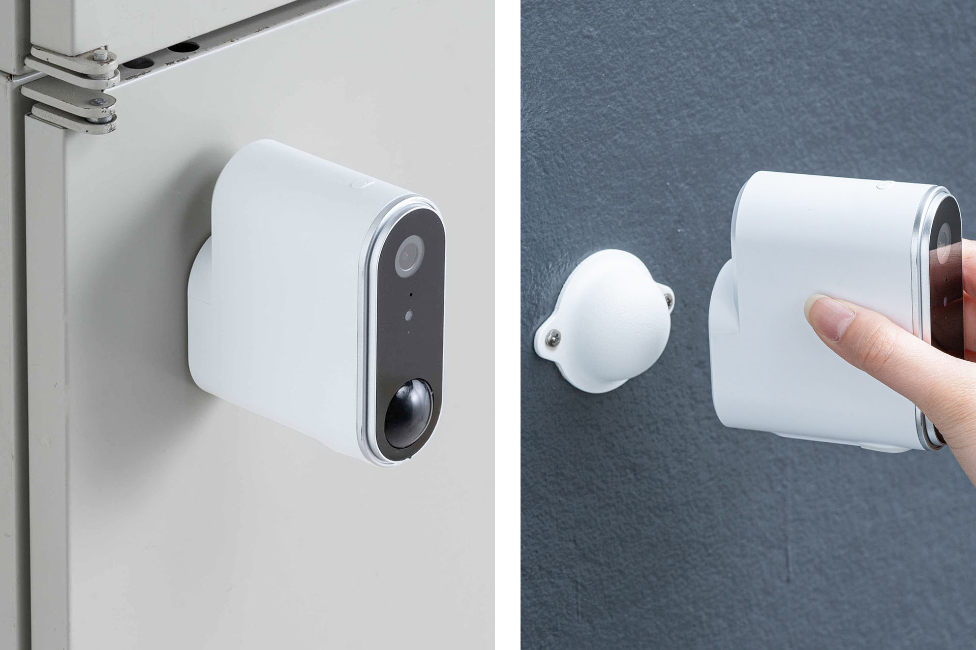 磁石がつく金属面なら本体を直接吸着させて使える。付属の丸い台座を壁などにねじ止めすれば、そこに本体を吸着させられる。丸い台座を使うとカメラの向きをかなり自由に変えられる