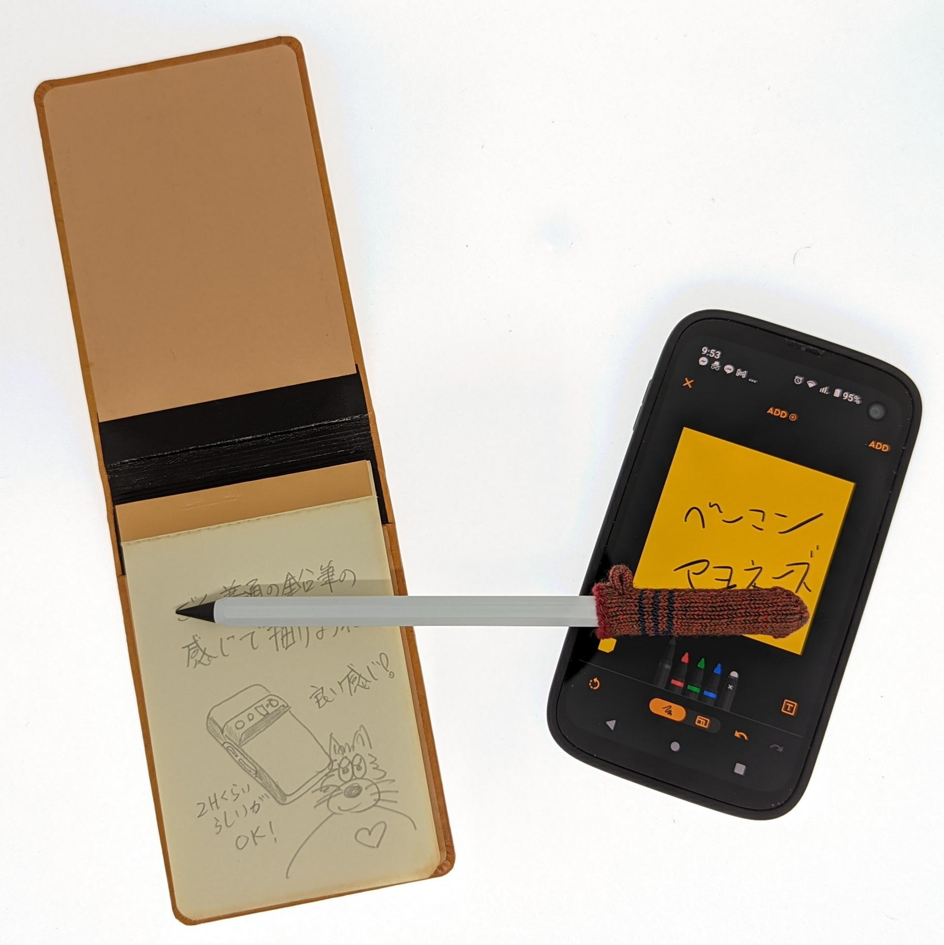 メタシルのテイル部分にスマホの手書き用特殊背にソックスを履かせて普通のメモとスマホの手書きの両方に使ってみた。意外に便利で使える
