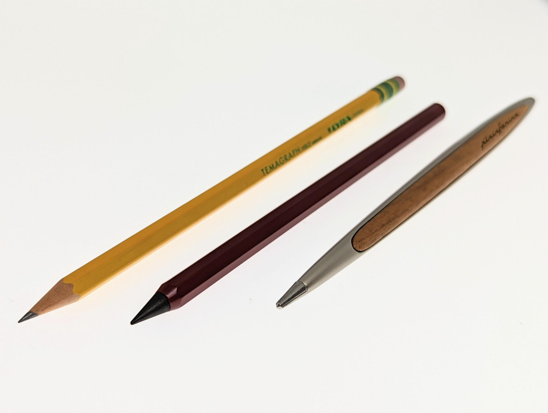 鉛筆削りで尖がらせた鉛筆（左）メタシル（中央）ピニンファリーナ キャンビーノ（右）だんだん芯先は丸くなっている