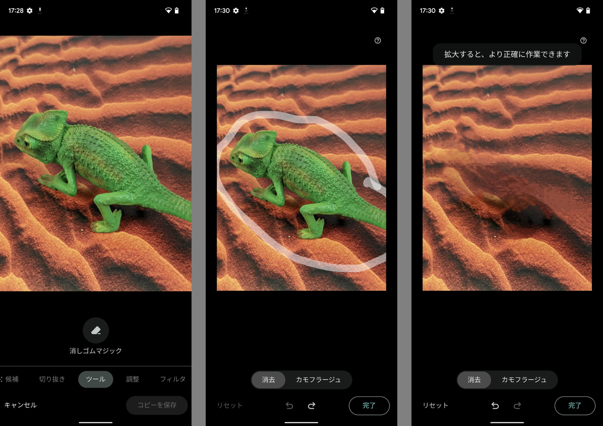 フォトアプリから「ツール」、「消しゴムマジック」を選択して、指でなぞるだけでカメレオンが消える