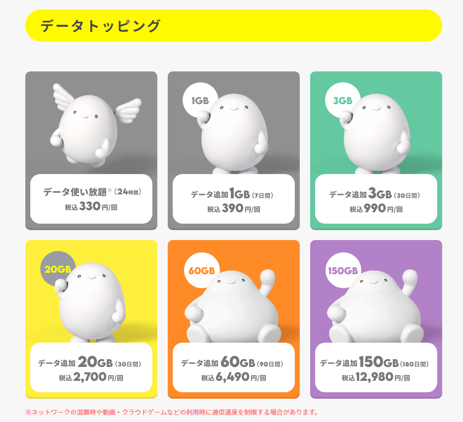 データトッピングは6種類をラインアップ