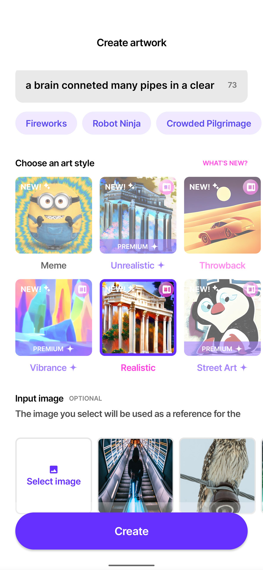 テキスト入力し、作風をサムネイルから選び、オプションで参考画像を指定して「Create」