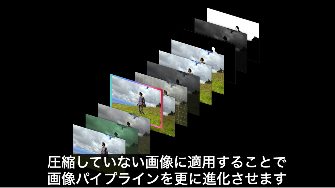 画像処理を、圧縮する前の早い段階で適用することで、より多くの情報を保って美しい画像が得られる。