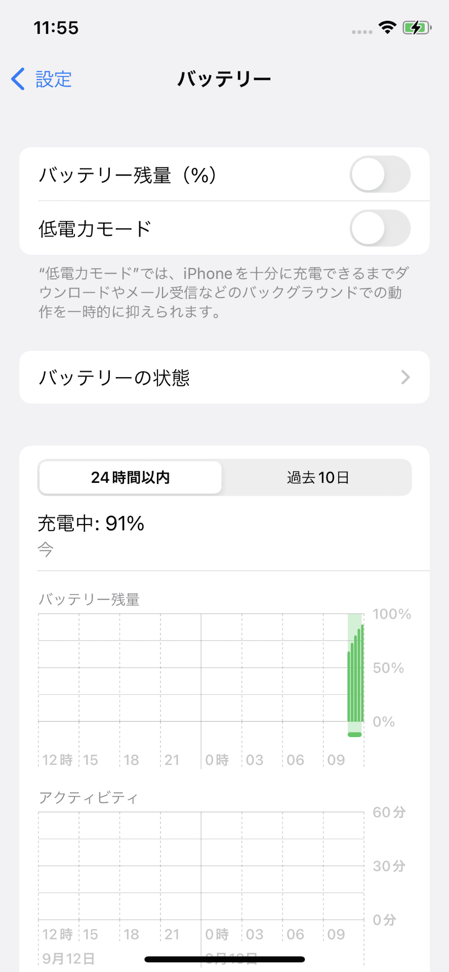 「バッテリー残量（％）」がオフの状態（充電中）