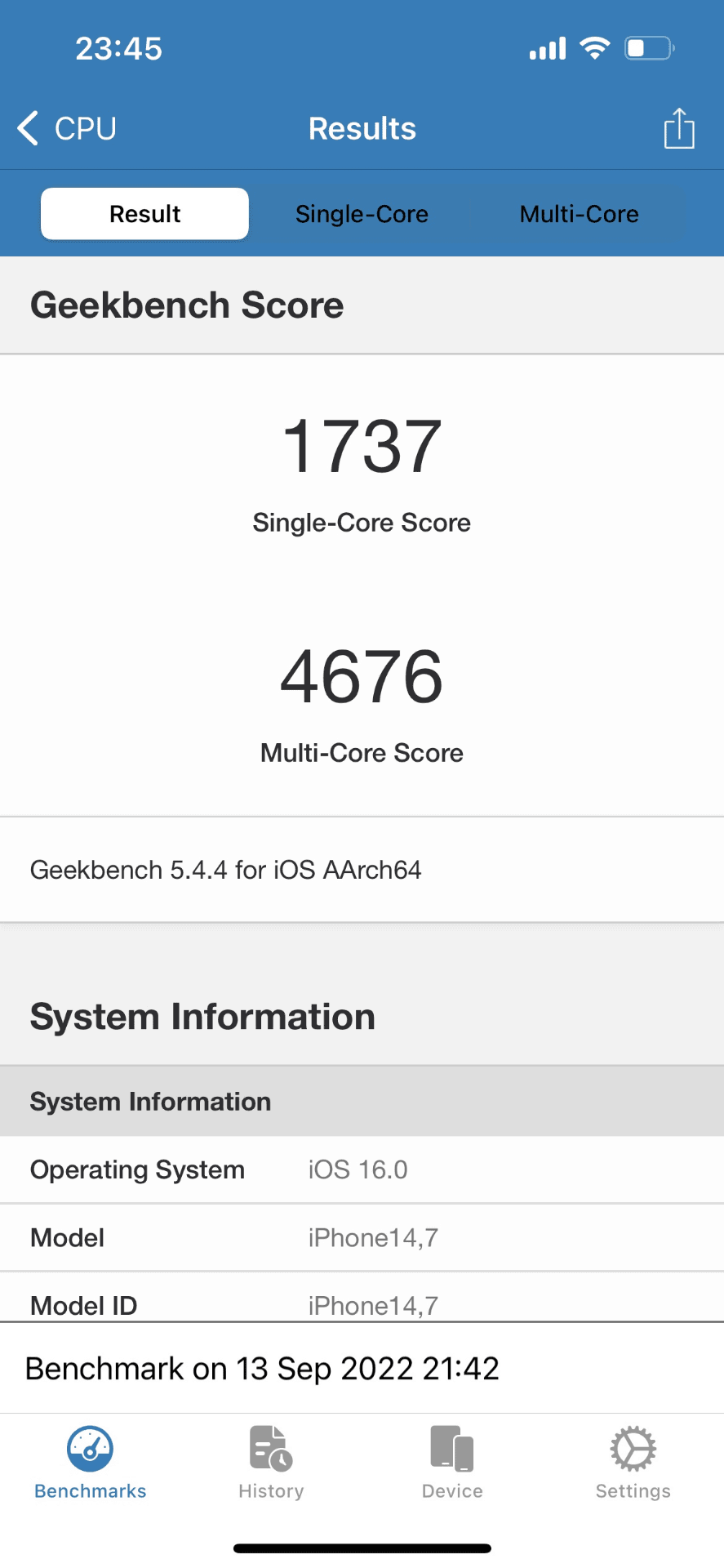 Geekbench 5で計測したiPhone 14のスコア。数値はiPhone 13 Proに近く、iPhone 14 Proよりは低めだ