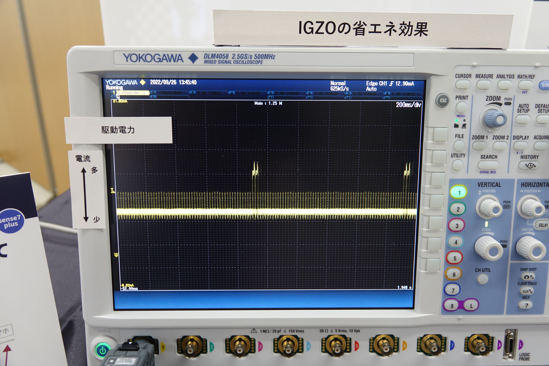 ホーム画面で放置した状態。低い周波数で電力量を削減している（縦軸はディスプレイに関わる電流量）