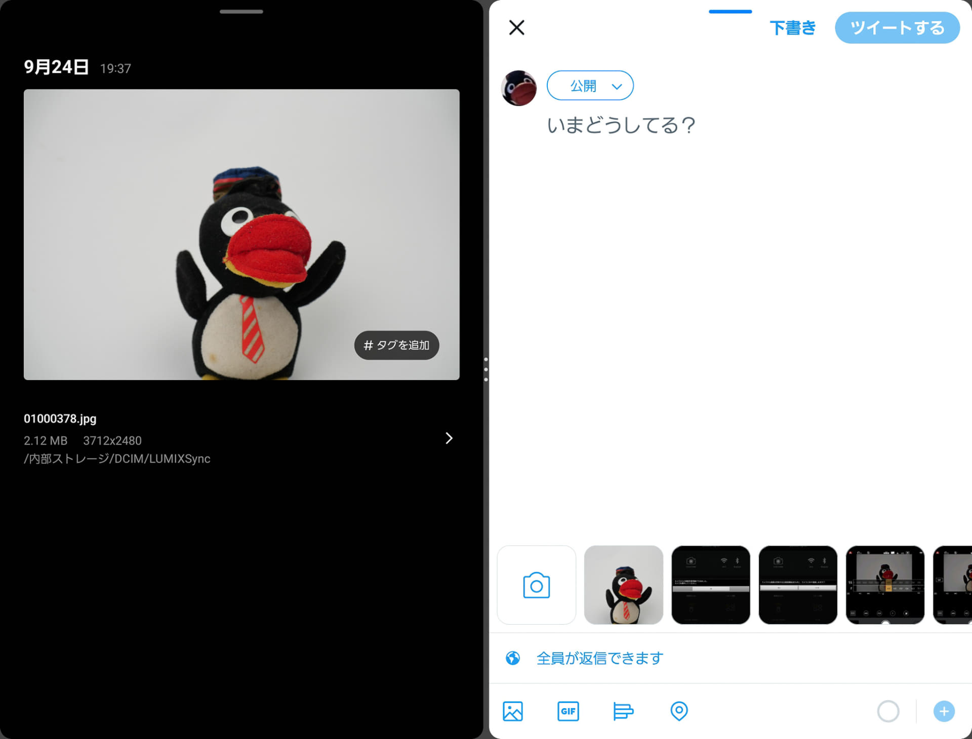 これはSNSと画像アプリを並べたところ。大きな画像で投稿画像を選んで、ドラッグ&ドロップでTwitter投稿画面に張り付け……ができたら良かったのですが、Twitterアプリは非対応でした