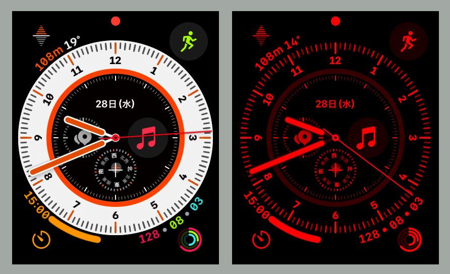「ウェイファインダー」文字盤の表示例。左が通常表示、右がナイトモード表示で、デジタルクラウンをちょっと回すとこれら表示を移行できる。