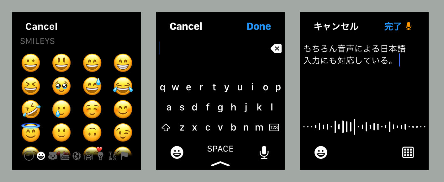 絵文字入力やqwertyキーボードによる英語入力も可能。音声での日本語入力もできる