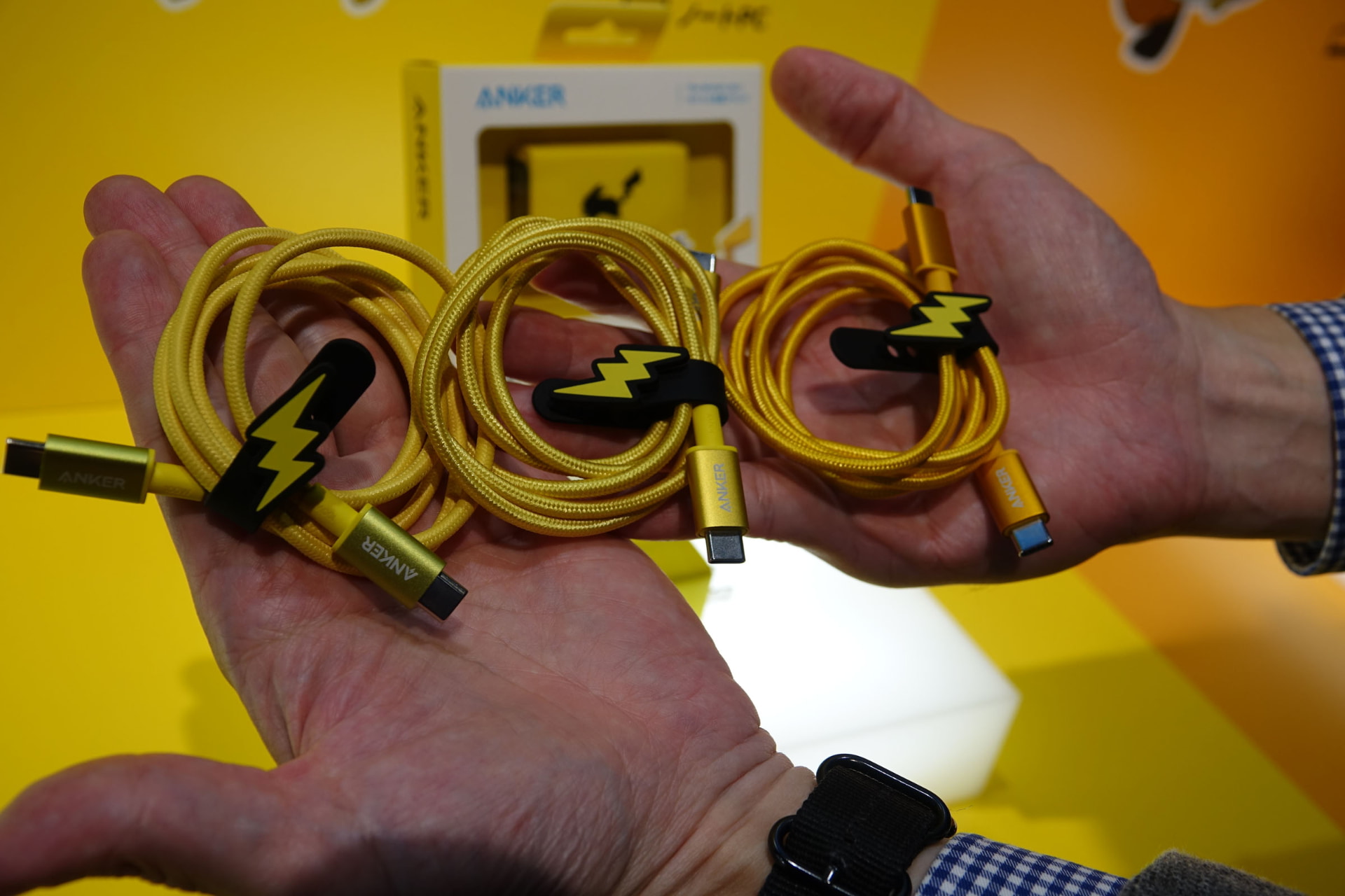 同梱されるUSB Type-Cケーブル。ピチュー、ピカチュウ、ライチュウのカラーにあわせたケーブルが同梱されている