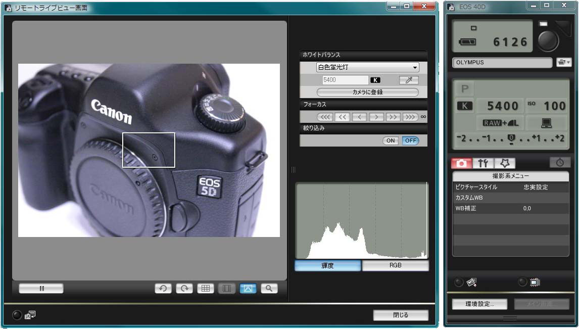 EOS Utilityの機能のひとつとして、PCからEOSカメラを遠隔操作したりEOSカメラで撮った画像をPCに自動転送するというものがある。PCからEOSカメラをリモートコントロールする感じですな。これはリモートライブビュー撮影時のEOS Utility表示例。2007年の<a href="https://k-tai.watch.impress.co.jp/cda/article/stapa/36713.html" class="strong bn" target="_blank">表示例</a>だが現在でもそーんなに変わっていない。2007年の表示例を持ち出しているのは、2022年10月現在では俺のPC上で最新のEOS Utilityが動かねー！　からである。