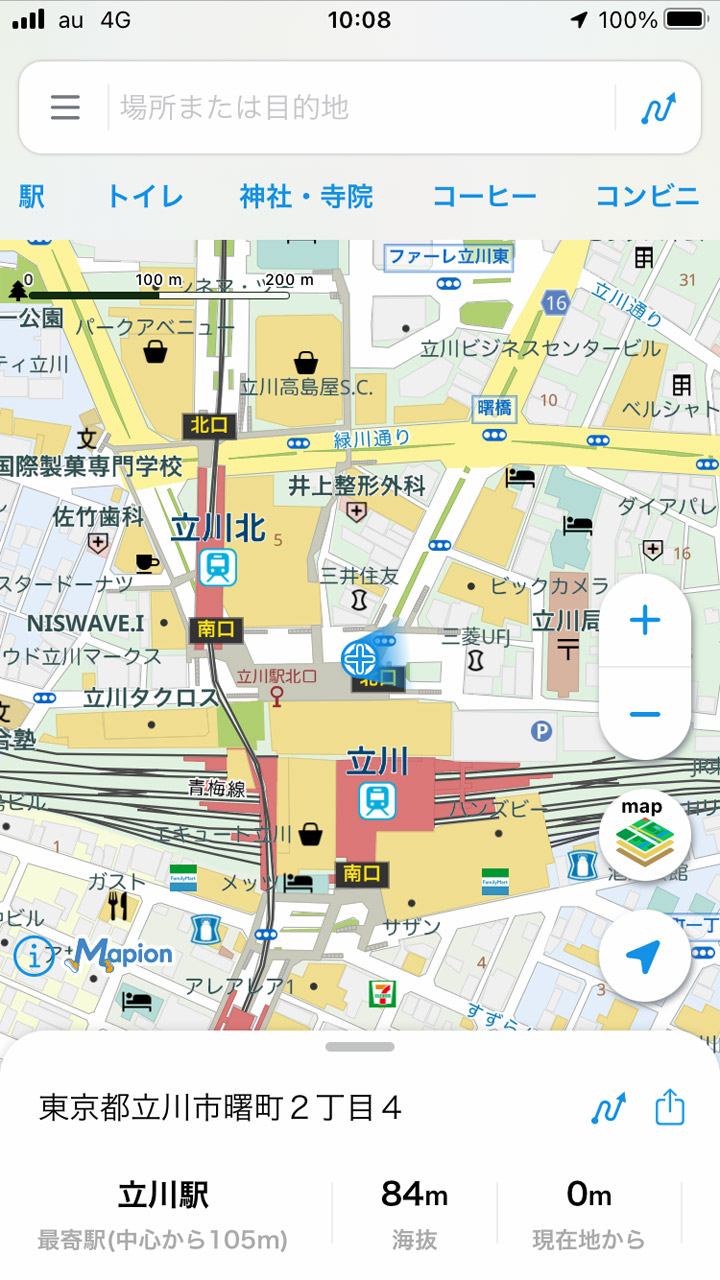 通常の地図画面では漢字まじりの地名表記だが、画面右下の「map」ボタンをタップして……