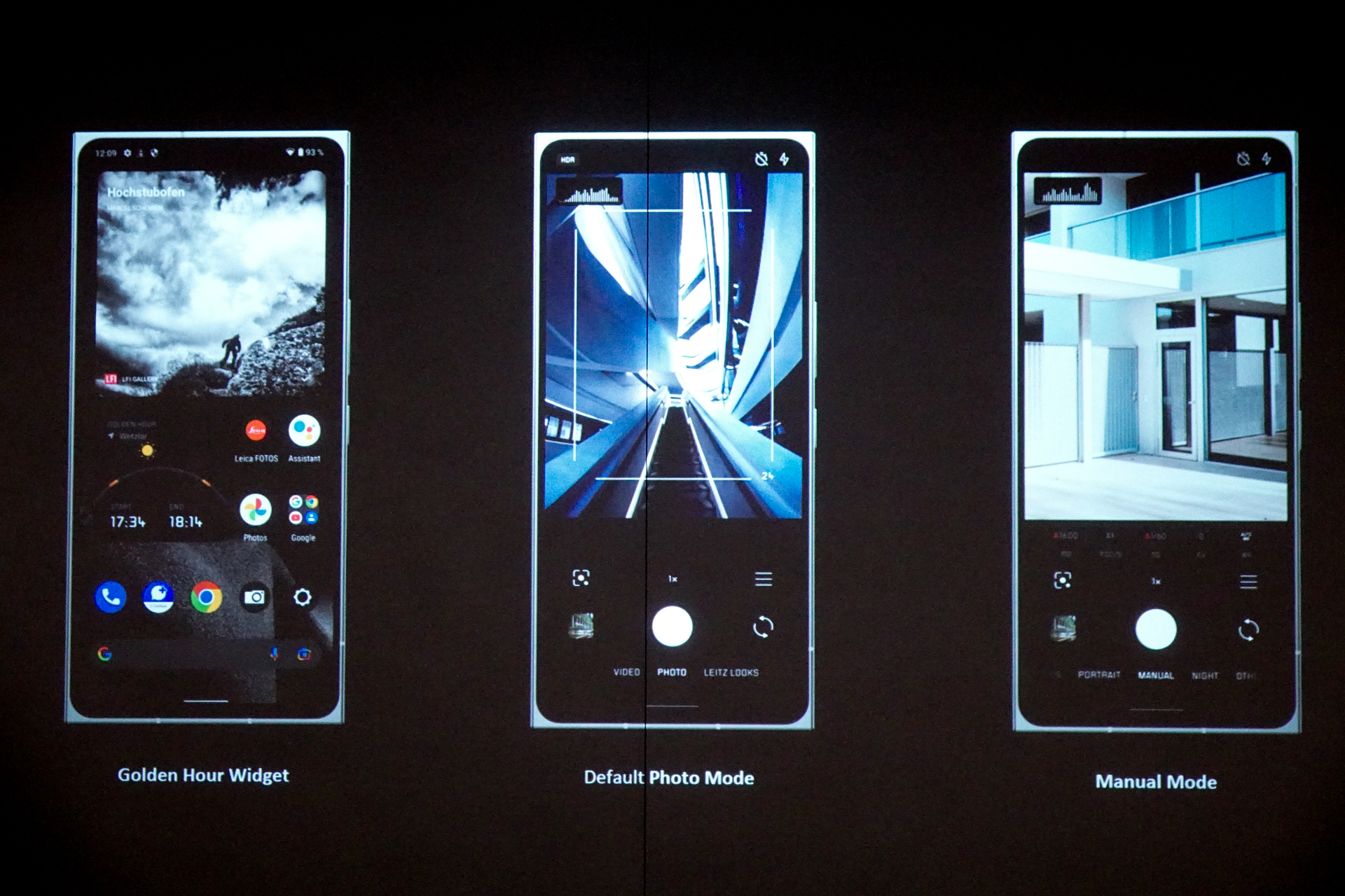 左：Golden Hour Widget<br>中央：デフォルトのフォトモード<br>右：マニュアルモード
