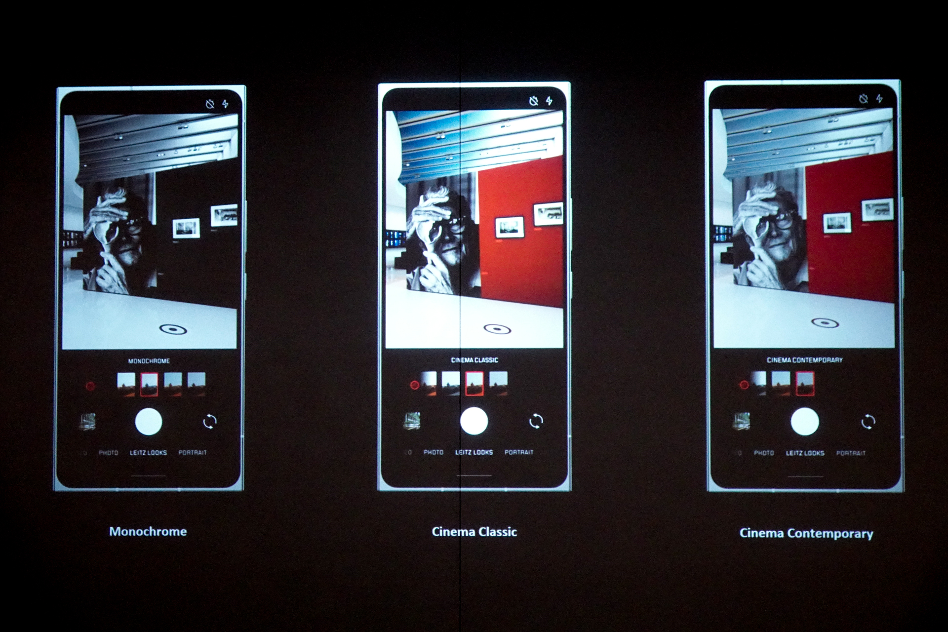 左：「Monochrome」は、ライカを象徴するモノクロのフィルター<br>中央：「Cinema Classic」は、ハイコントラストで温かみのある色調のフィルター<br>右：「Cinema Contemporary」は、シャープでモダンな色調のフィルター