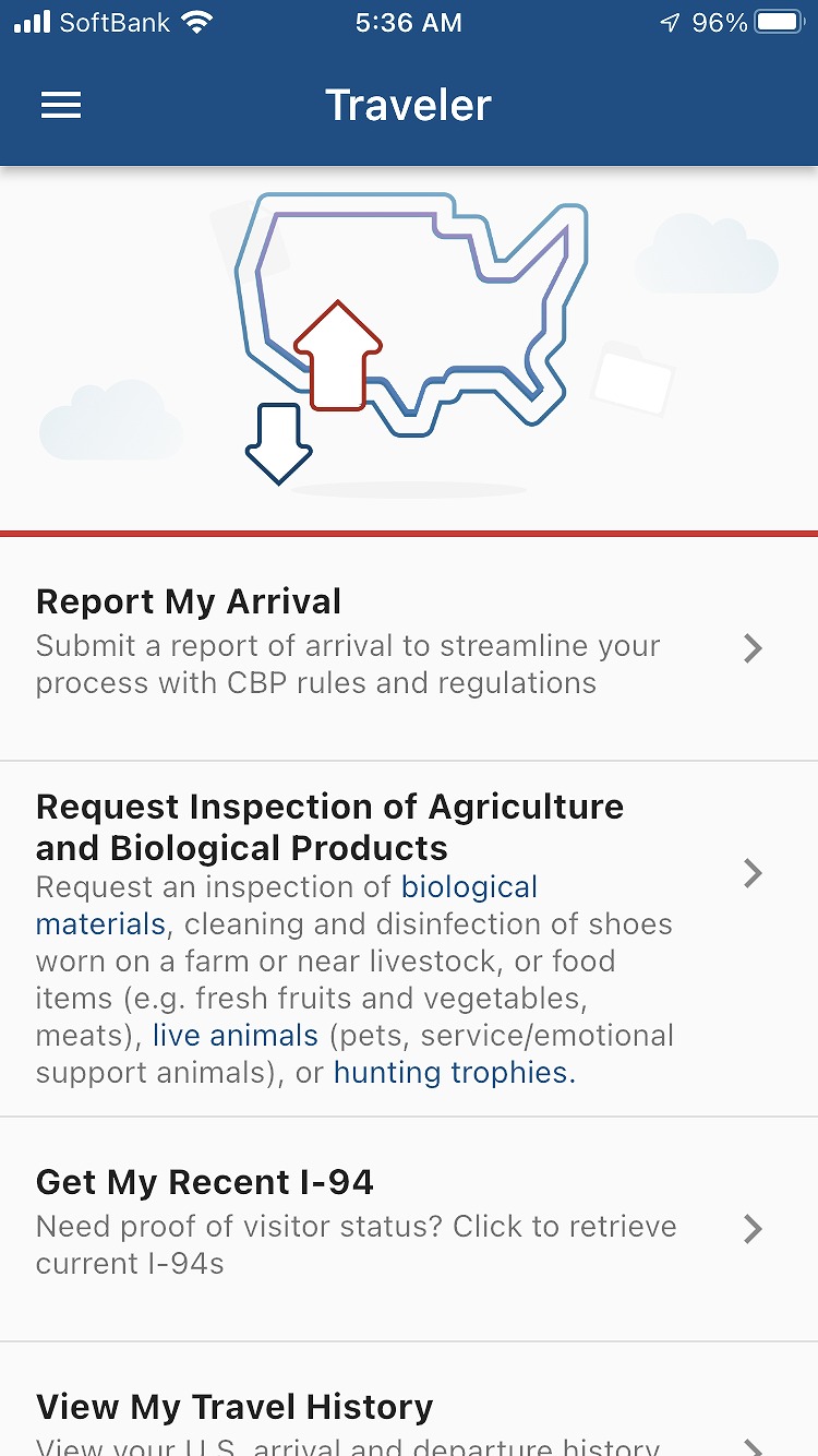 「I am a...」の項目で「Traveler」を選択して表示されるメニュー。陸路入国時には同アプリでの事前申請が必要（90日以内の入国記録がない場合