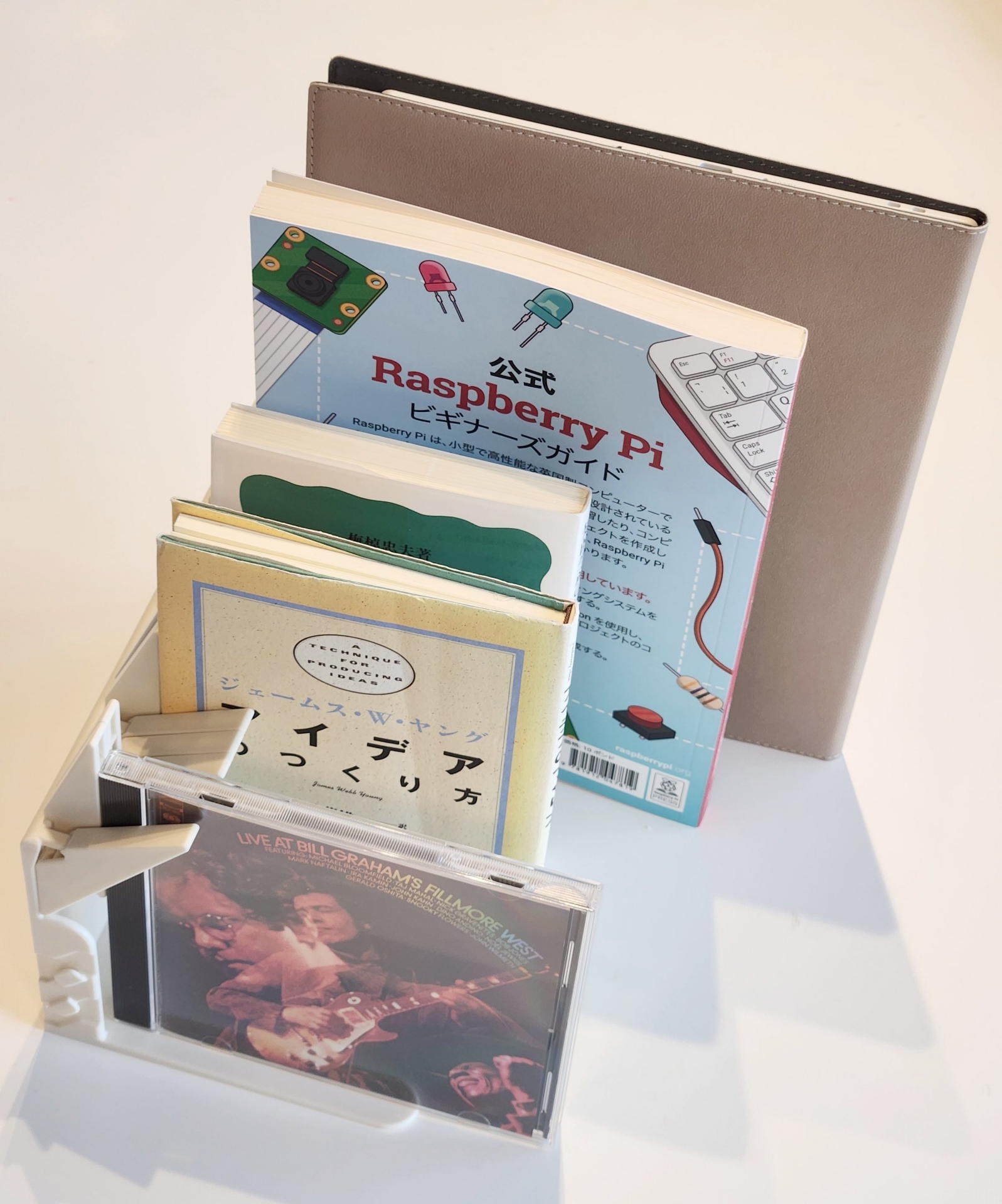 薄い単行本や書籍、電子ペーパーデバイス、CD等を収納してみた。いずれも完璧に倒れない