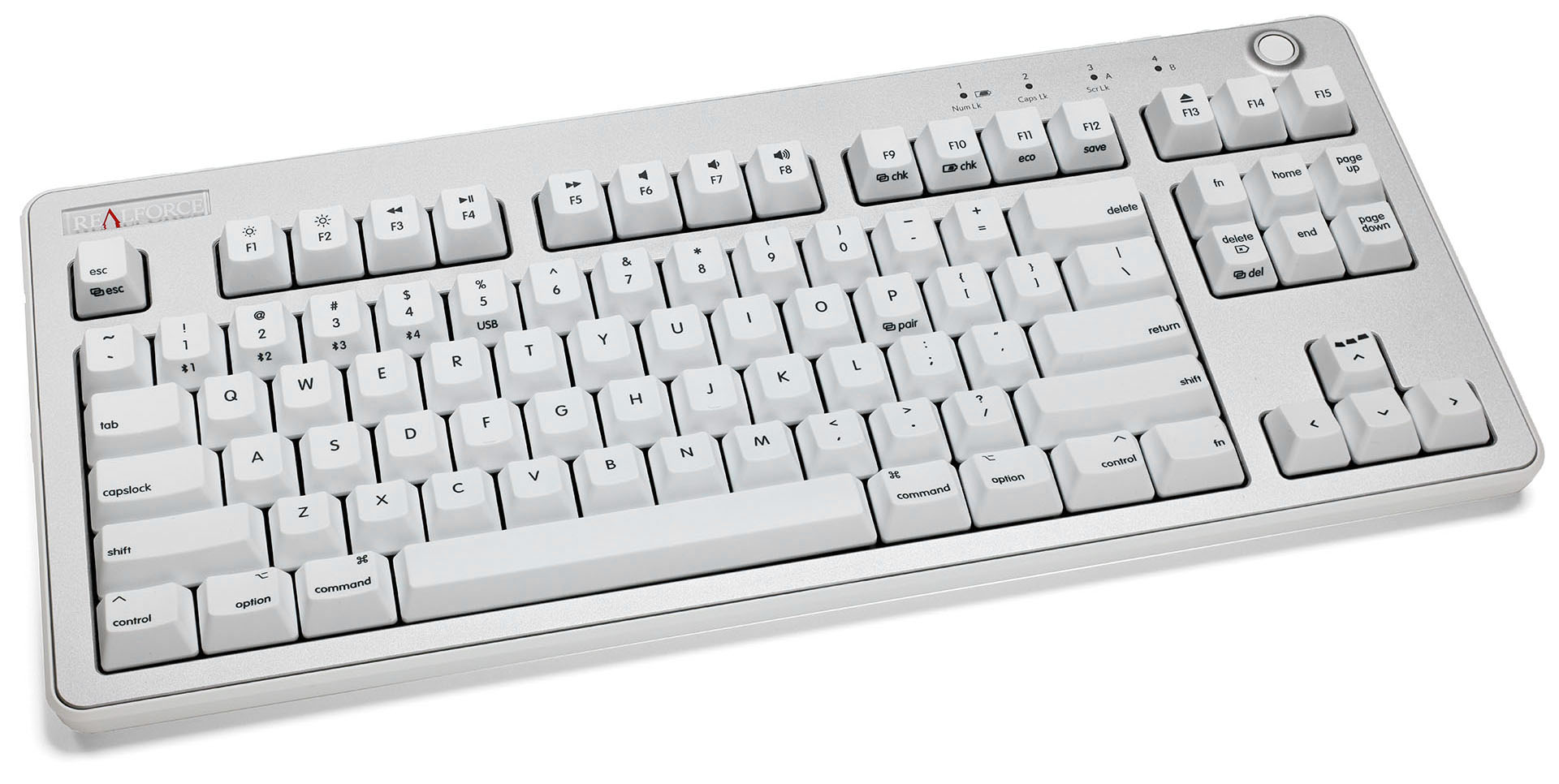 現在愛用中の東プレ「REALFORCE R3 / R3HH21」（Mac用配列のハイブリッドモデル、テンキーレス・英語配列・スーパーホワイト）。税込3万4540円の高級キーボードではあるが、使うほどに「あーコレやっぱりイイなぁ」と満足度がどんどん高まる逸品である