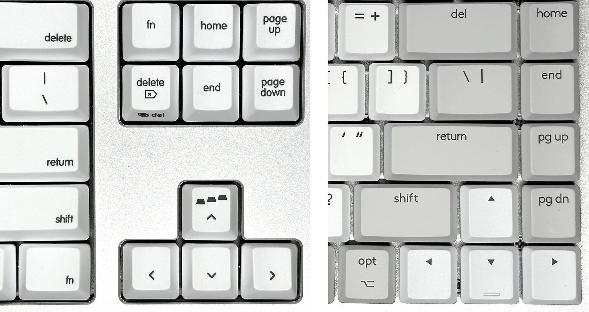 左がREALFORCE R3などの一般的なカーソルキー、右が「MX MECHANICAL MINI FOR MAC」のカーソルキー。サイズと並びが同じで違和感が少ない