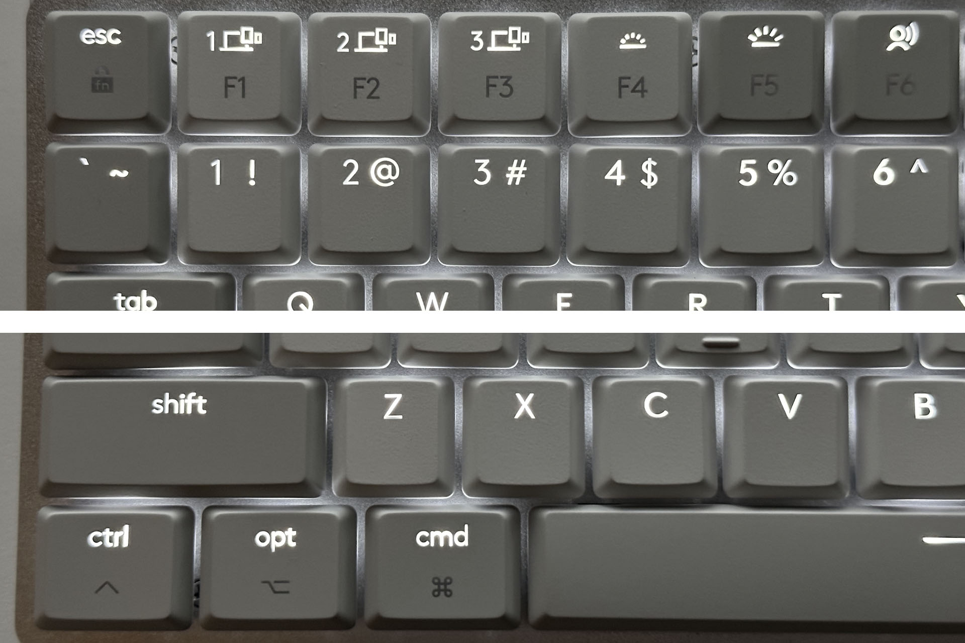 キートップ刻印のすべてが光るわけではなく、一部刻印にはバックライトがない。実際には刻印はそれぞれ光を透過する構造になっているものの、キースイッチ上のLEDが上側にあるため、下側刻印には光が届かず光って見えない