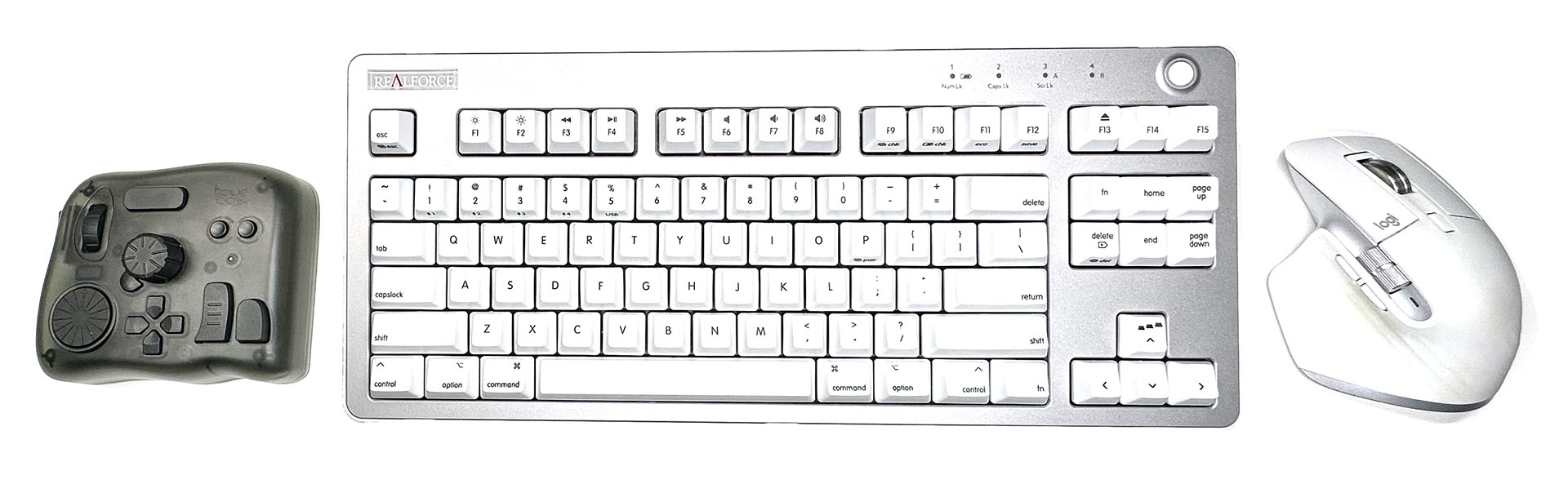 TourBox Eliteとキーボードとマウスを並べて使うの図。