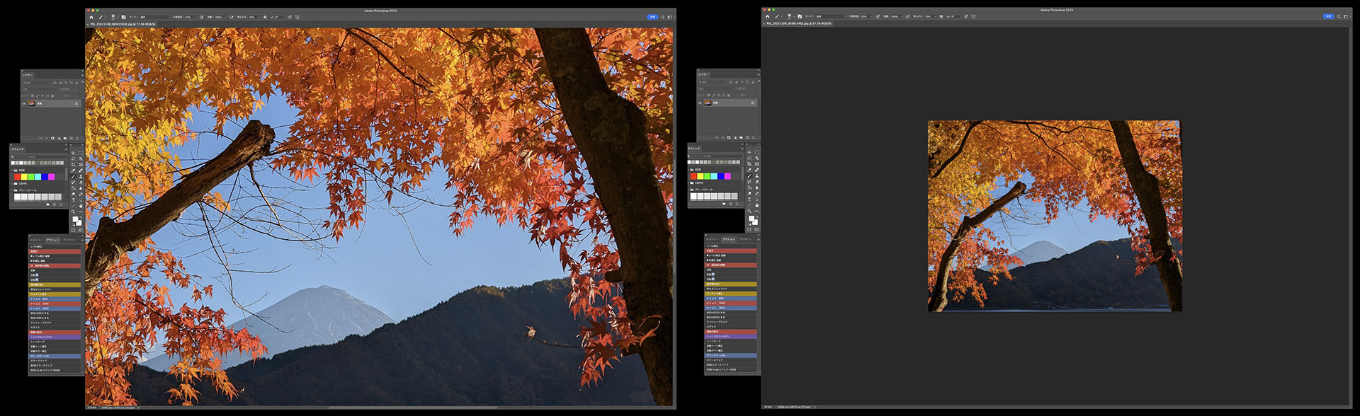 TourBox Elite左上にあるホイールが、Photoshopでは画像の拡大縮小に割り当てられていた。キーボードショートカットではOption＋マウスホイールで行えたが、マウスの設定などにより拡大縮小の段階がわりと大雑把だった。しかしTourBox Eliteではその段階を小刻みに調節することができ、さらにホイールの感触フィードバックがあり、非常に実用的かつ気分よく拡大縮小を行えるようになった。