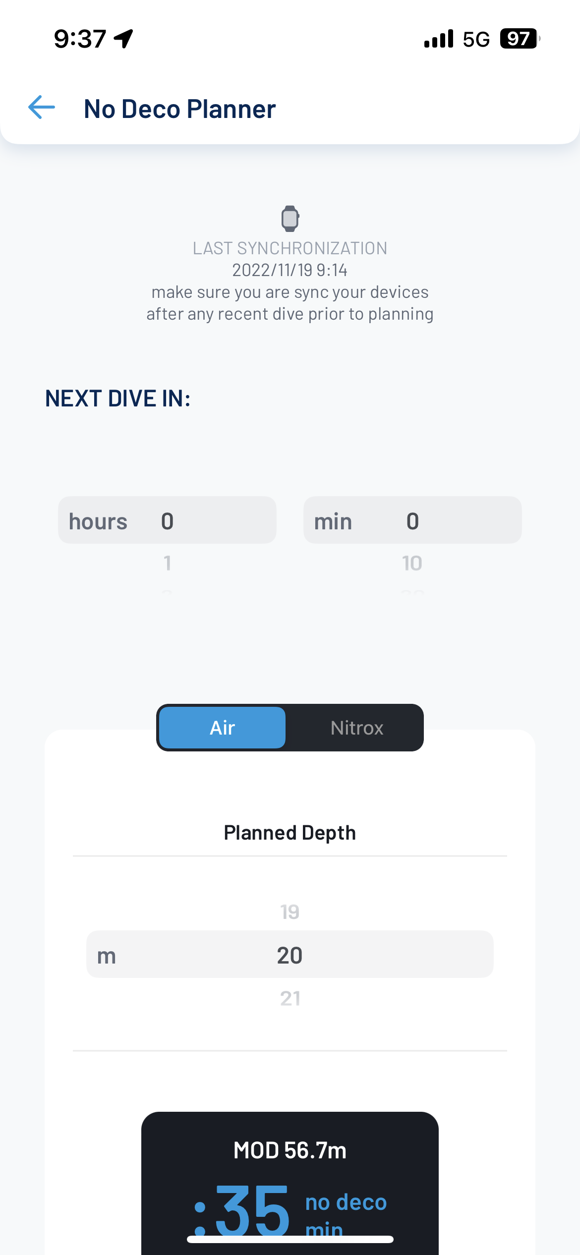 セルフダイビングを行う場合は、「No Deco Planner」でスタート時間や目標深度を設定することで、無限圧限界時間を事前に計算することができる