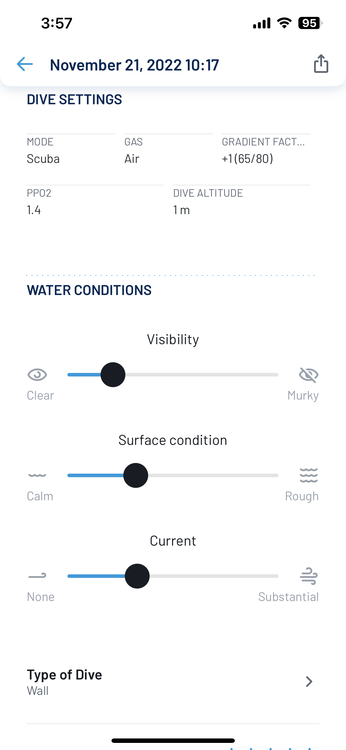 グラフで水深などを確認できる。どんな感じのダイビングだったのか、視覚化されるのがおもしろい