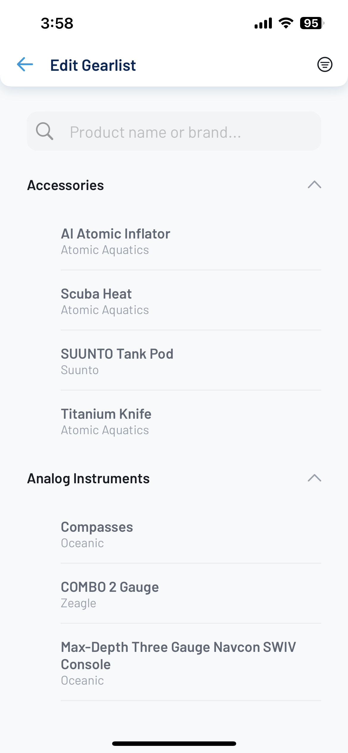 機材を登録できる「ギアリスト」もあるのだが、編集から選べるのは「Oceanic+」の提供元である、Huish Outdoorsの取り扱いブランドの製品のみのようだ