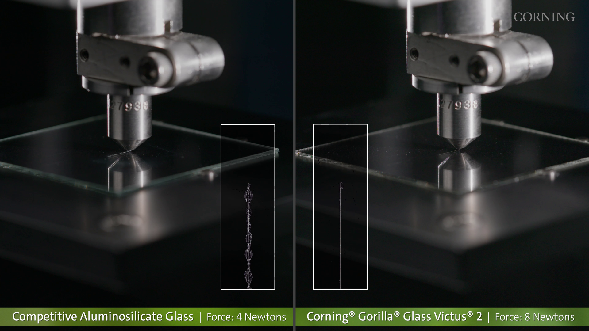 スクラッチテスト。左が他社製ガラス、右が「Corning Gorilla Glass Victus 2」。右の方がキズが浅い