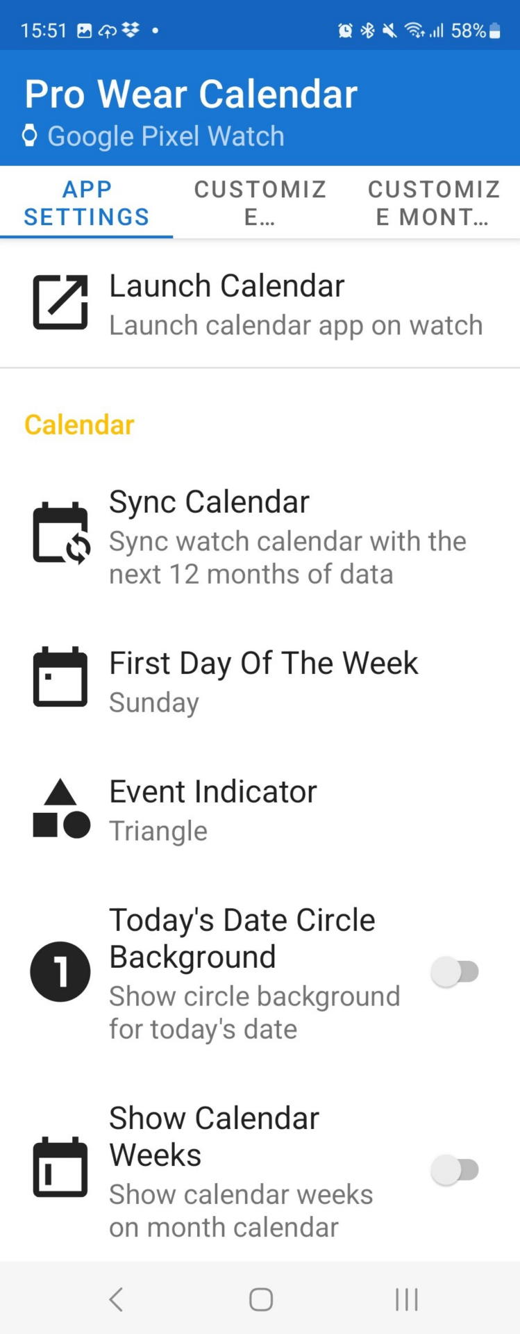 スマートウォッチ用のGoogleにSyncできてきめ細かく設定可能なカレンダーアプリは見つけたが今月のカレンダーを見るだけで複数の画面タップ操作やリューズの操作が必要だった