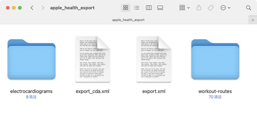 「ヘルスケア」アプリで使われているさまざまなデータが現れる。目的のGPXファイルは「workout-routes」フォルダ内にある