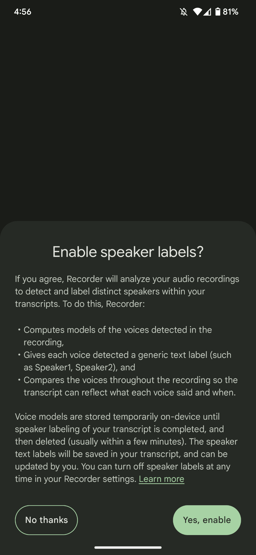 言語設定を「英語（US）」にした状態で「話し手のラベル付け（Speaker labels）」のトグルスイッチをオンにすると、このメッセージが表示されて機能の有効化を確認される