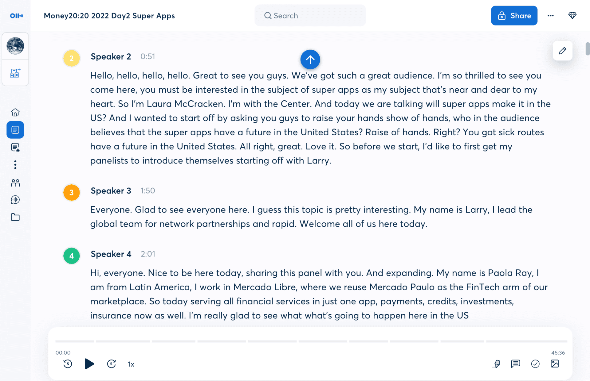 同じ音声のOtterでの変換例。苦手だった固有名詞にもかなり強くなり、金融カンファレンスでの業界キーワードもかなりの部分の変換に対応していた