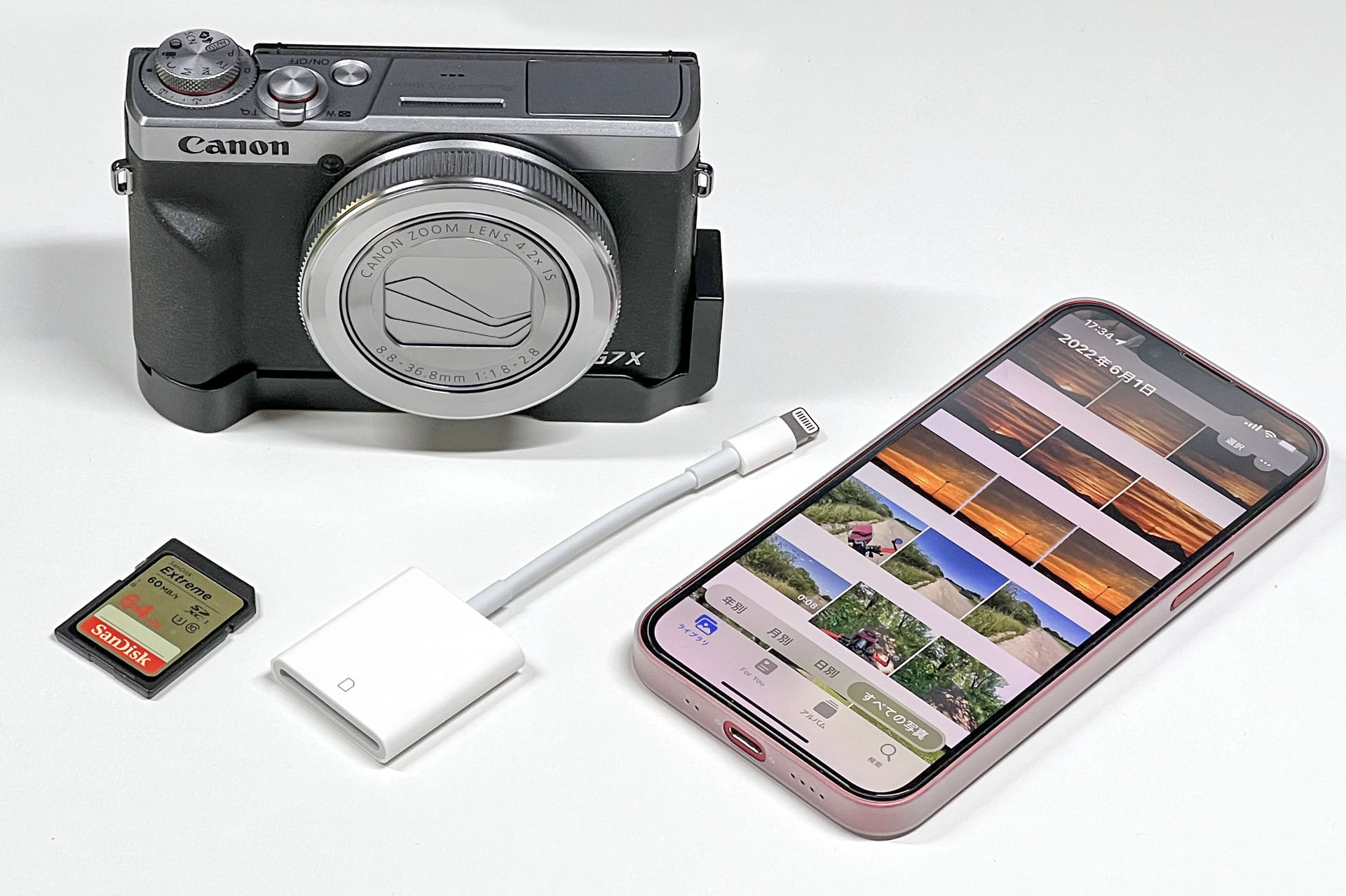 デジタルカメラ専用機で撮った写真は、「Lightning - SDカードカメラリーダー」を使ってiPhoneに読み込んでいる。Appleストア価格は4780円。