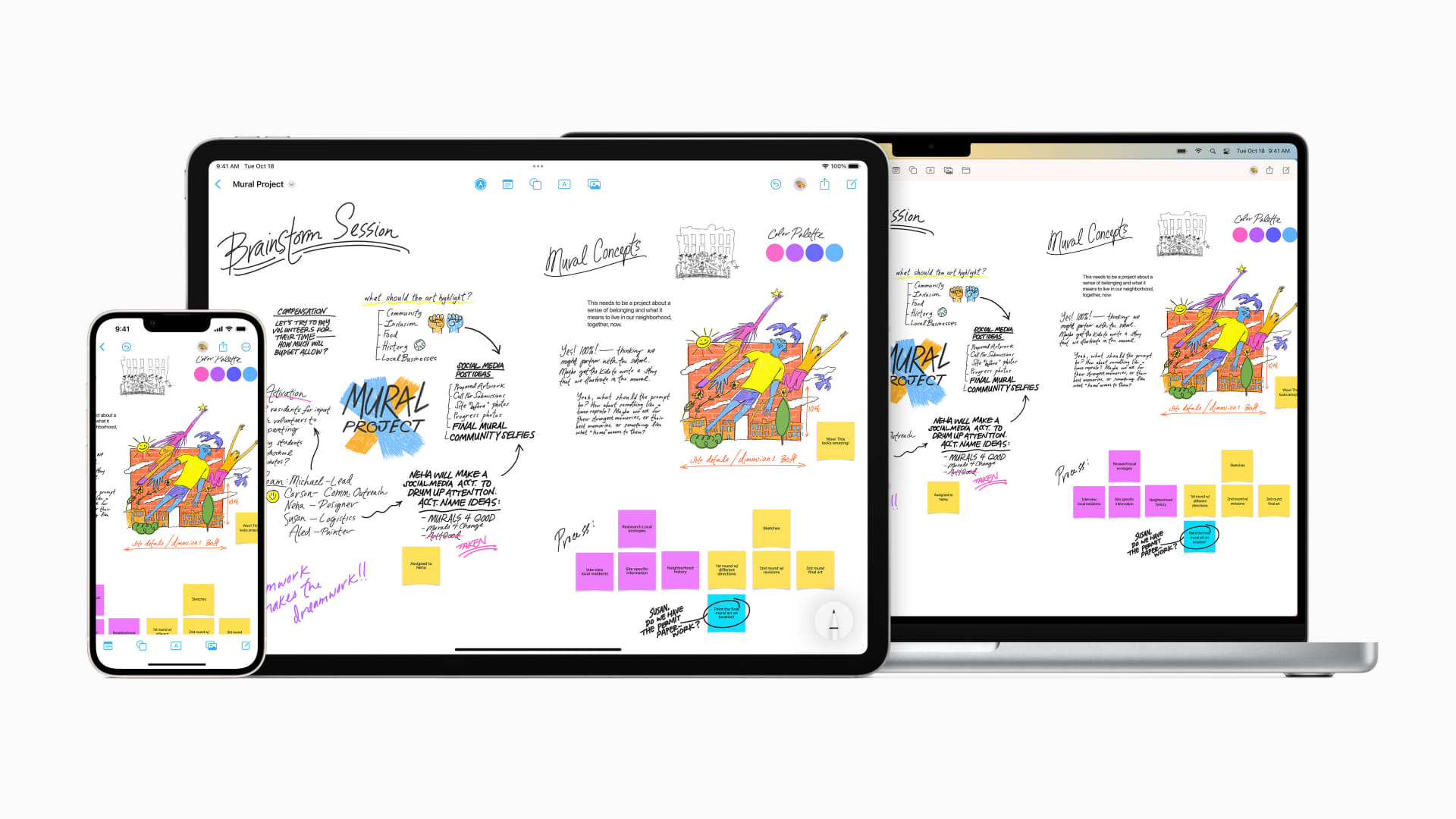 Appleのプレスリリースから。テキスト要素が多い場合は、キーボードのあるMacで、手書き要素が多い場合はiPadで、閲覧や情報収集にはiPhoneで、というストーリーが、み、見えたっ