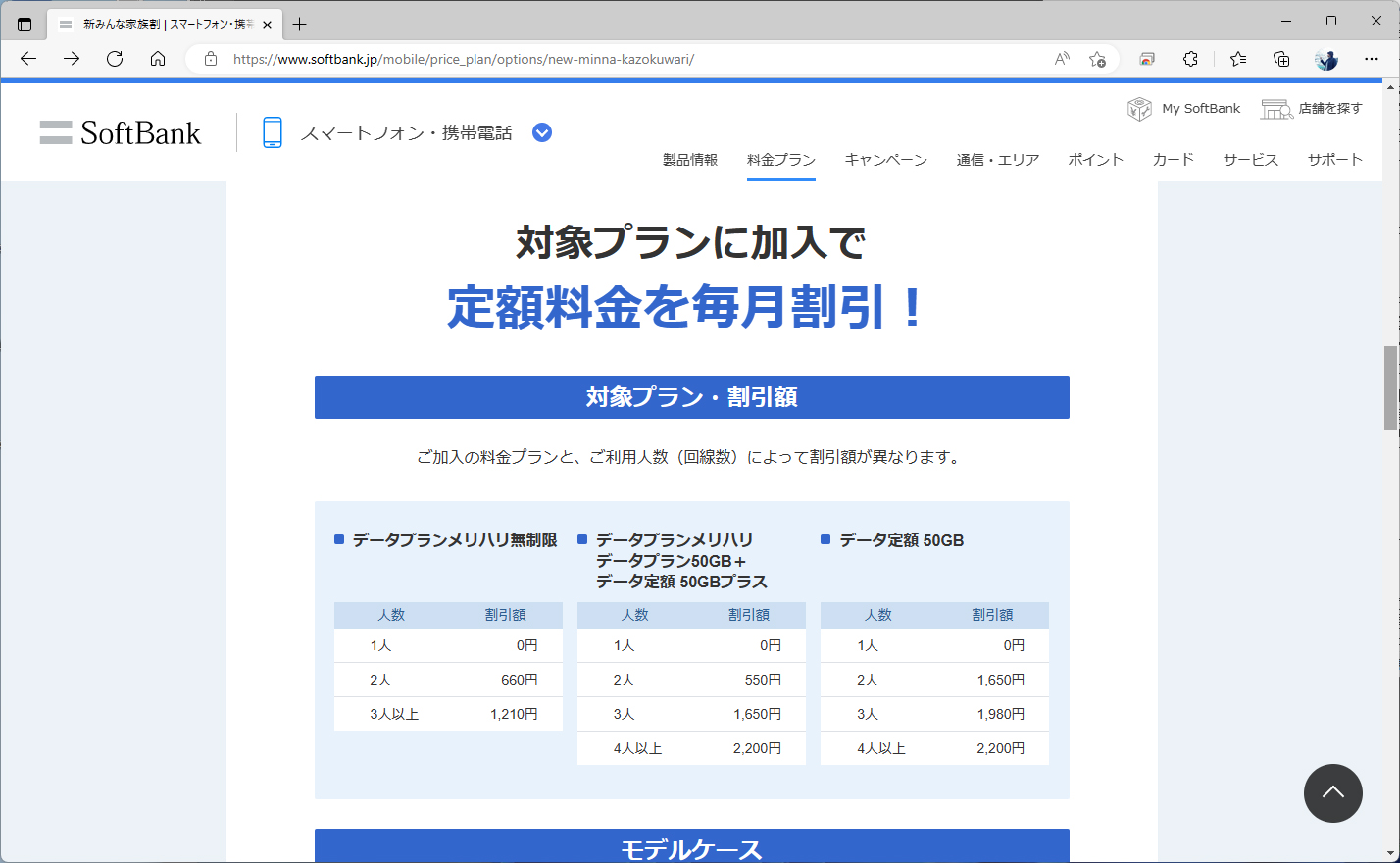 ソフトバンクは現行のメリハリ無制限の場合、2人で660円、3人以上1210円の割引を受けられる