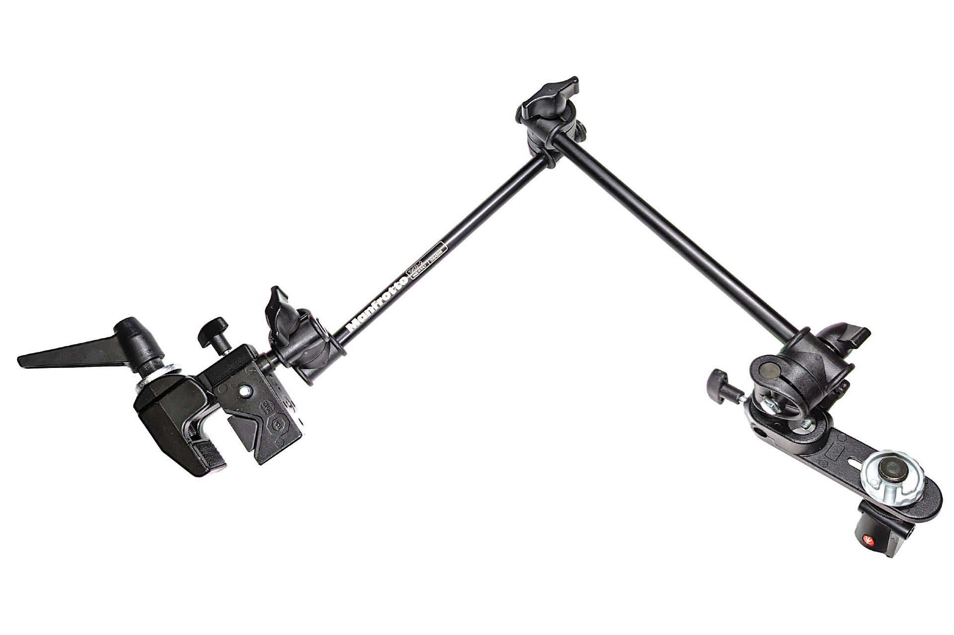 Manfrotto（マンフロット）の撮影用機材を組み合わせて、iPhoneなどスマートフォンを素早く空中に固定できるアームを構成した。使った機材は、Manfrottoの「シングルアーティキュレテッド アーム2段 カメラブラケット（196B-2）」「スーパークランプ（035C）」「PIXIクランプ（MCPIXI）」の3つ。3つの機材の直販価格合計金額は1万6184円。