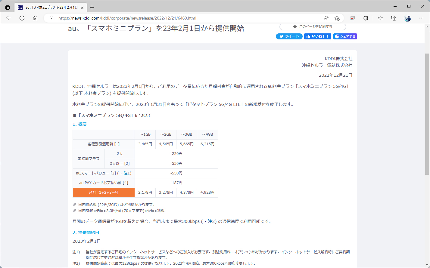 1GBごとに料金が上がっていく仕組みで、割引適用前の価格は3465円から。4GBを超えると300Kbpsに速度が制限される（ただし、導入当初は128Kbps）
