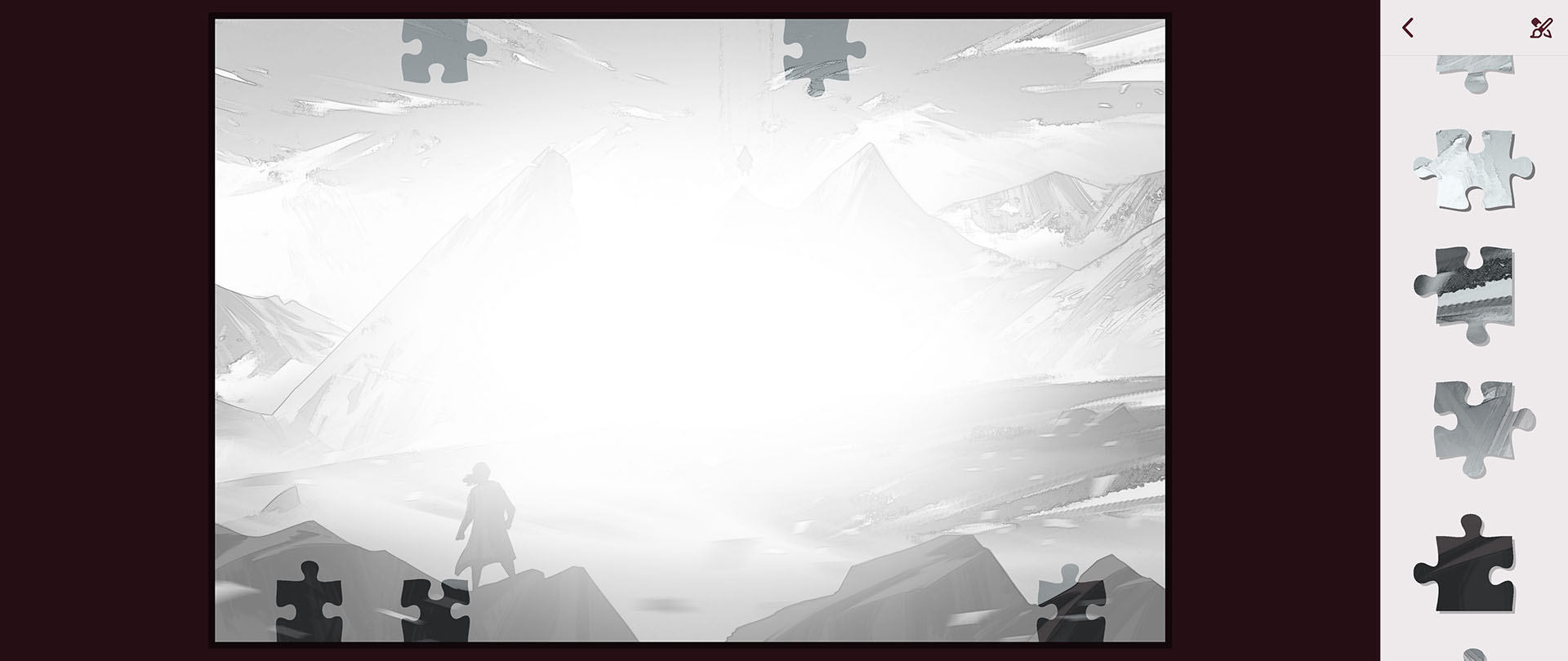 ゲーム開始直後は、ピースには色が現れない。背景レイヤーはずっとグレースケール表示のままだ。画面中央部分が白飛びしていることもあり、画面周囲からピースを埋めていくことになりがち。