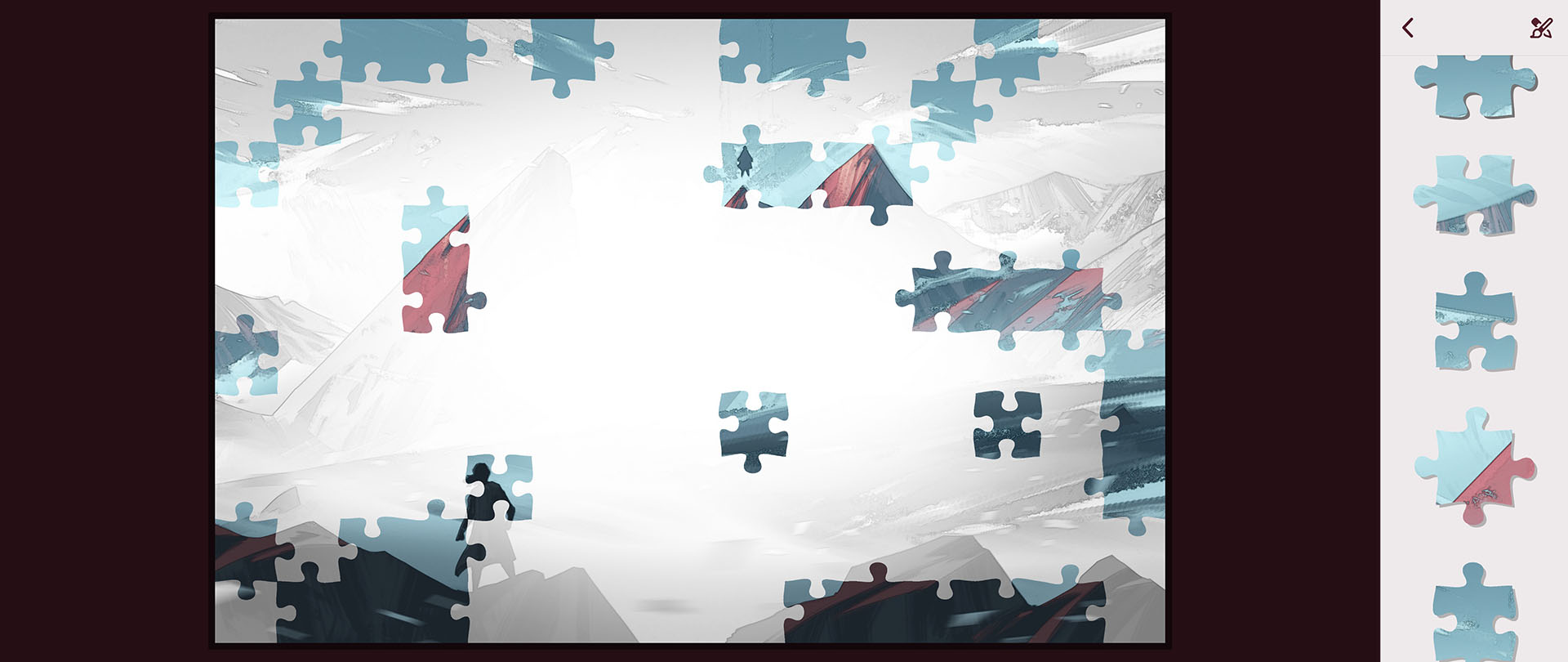 ある程度ピースを置いていくと、右側に並んだピースにもグラフィック上のピースにも徐々に色がついていく。