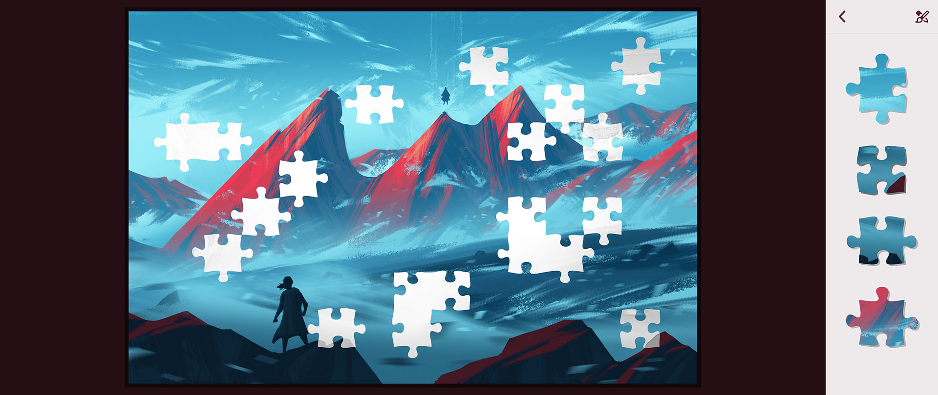 ゲームを進めると置いたピースも右側のピースも色がしっかりと出てきて、手掛かりが多くなる。ピースが埋まるスピードもどんどん高まる。