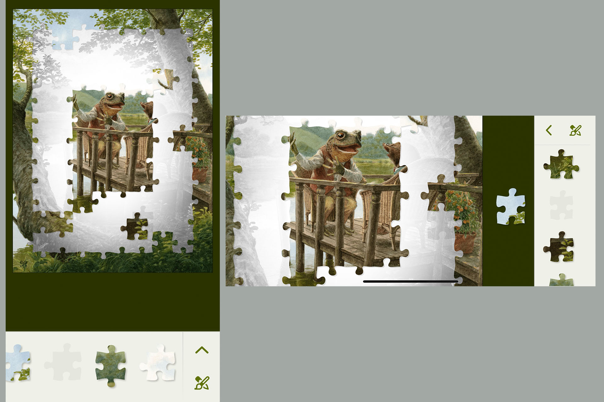 iOS版「Illustrated（イラスト）」をiPhone 14 Pro Maxでプレイしている様子。縦表示でも横表示でもプレイ可能。ピースを動かす指でピースが隠れないなど、操作性は意外と良い。ピンチイン・アウトでグラフィックを拡大・縮小することができるので、絵のディテイルを観察してピースをはめることができる。