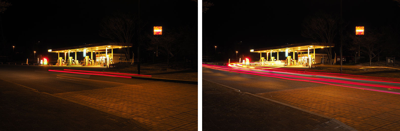 オリンパスOM-Dシリーズカメラでライブコンポジット撮影をしている様子。基本的には比較明合成撮影で、新たに現れたより明るい光を追加して多重露光していく。ライブコンポジットは、その様子をライブビューで逐一確認できる。左は「もうちょっとクルマのテールライトの光が欲しい」というところ。テールライトの光がさらに合成されるまで待ちつつ、「このくらいでいいかな」と確認できたのが右。一般的な比較明合成撮影をスゲく簡単に行えるようにしたコンピュテーショナルフォトグラフィー機能だ。現在では多くのデジタルカメラにこれに近い機能が搭載されている。