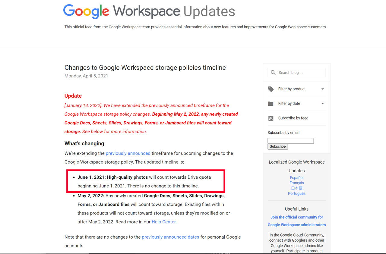 Googleのブログでも、2021年6月以降、Google フォトに関する制限はGoogle Workspaceにも適用されるとある