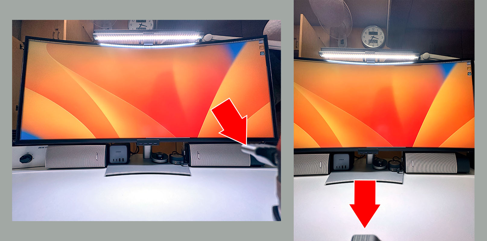 iPhone 14 Pro Maxの超広角で撮った例。赤矢印が自由雲台の写り込み。横位置だと自由雲台の一部とロックレバーが画面内に入り込んでいる。縦位置だとロックレバーが写っている