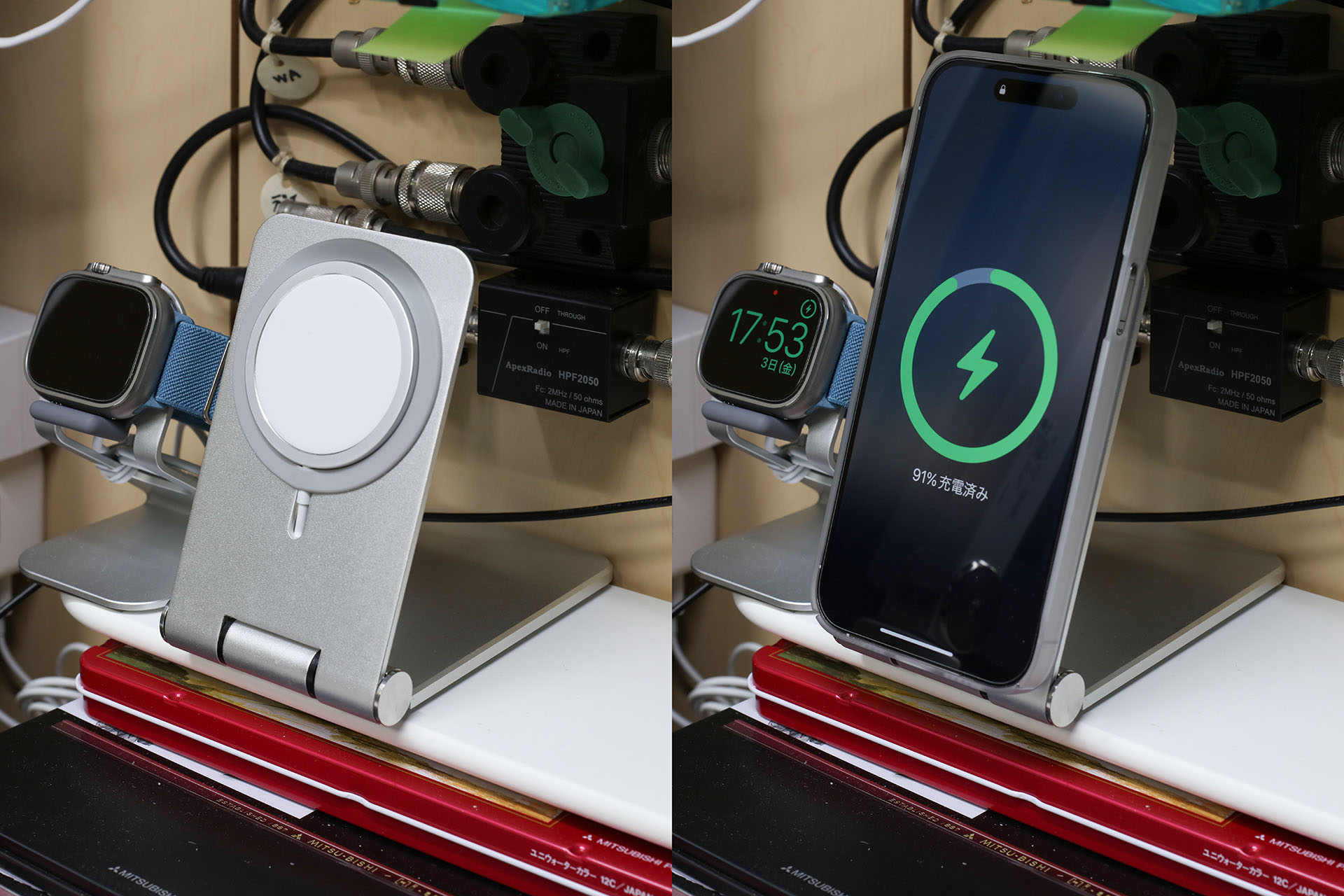 MagSafe充電器をセットした充電スタンドにもしっかり吸着した。ただ、このスタンドの場合、THE FROST AIR ULTRA背面のカメラ部穴周囲の出っ張り（約3mm）がスタンド端と干渉し、端末がわずかに浮いた状態になった。それでも吸着していて充電もできているが、気持ち悪いのでスタンド側に自作スペーサーを入れてMagSafe充電器を少し前方に出っ張らせて使っている